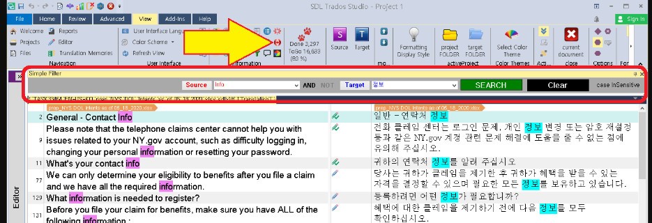 Screenshot of SDL Trados Studio - Project 1 with a custom filter bar labeled 'Simple Filter' at the top. The filter bar includes a search field with 'Target' selected and the word 'info' entered. Below are segments of text in a side-by-side view of Source and Target translations, with highlighted search results for 'info'. No visible errors or warnings.