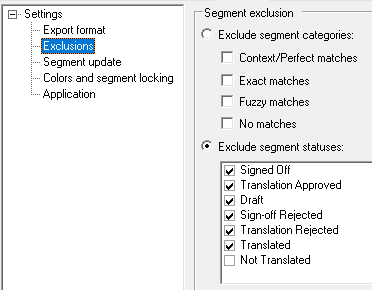 Screenshot of Trados Studio settings menu with 'Exclusions' highlighted, showing options to exclude segment categories and statuses during export.