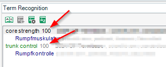 Screenshot of Trados Studio showing Term Recognition pane with red arrows pointing to match rates 'core strength 100' and 'trunk control 100' next to source terms.