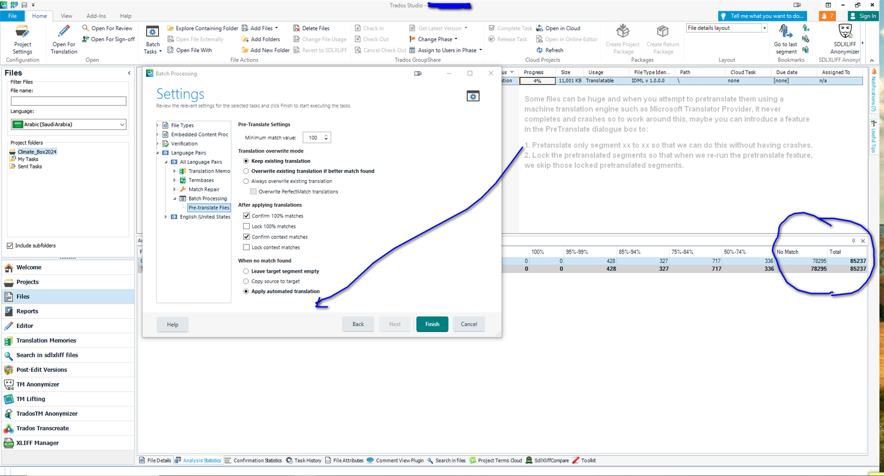 Screenshot of Trados Studio software with the Settings dialog open, showing Pre-Translate Settings. A comment box highlights an issue with machine translation engine causing crashes and suggests a feature to lock pretranslated segments to avoid this. Analysis statistics are circled in the bottom right, showing a large number of total segments.