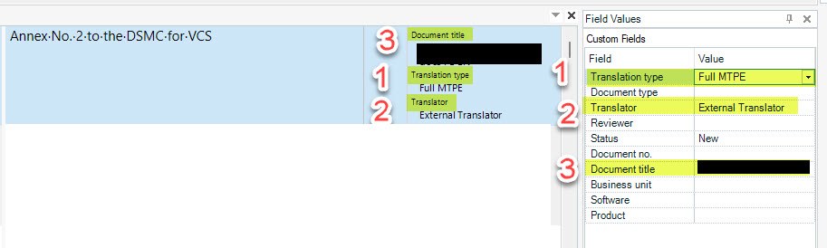 Screenshot of Trados Studio interface showing the 'Field Values' pane with custom fields and values. The fields are not in the expected order, with 'Translation type' above 'Document title'.