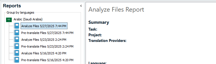 Screenshot of the Trados Studio Reports panel showing a list of analysis and pre-translation files grouped by language, with an Analyze Files Report summary on the right.