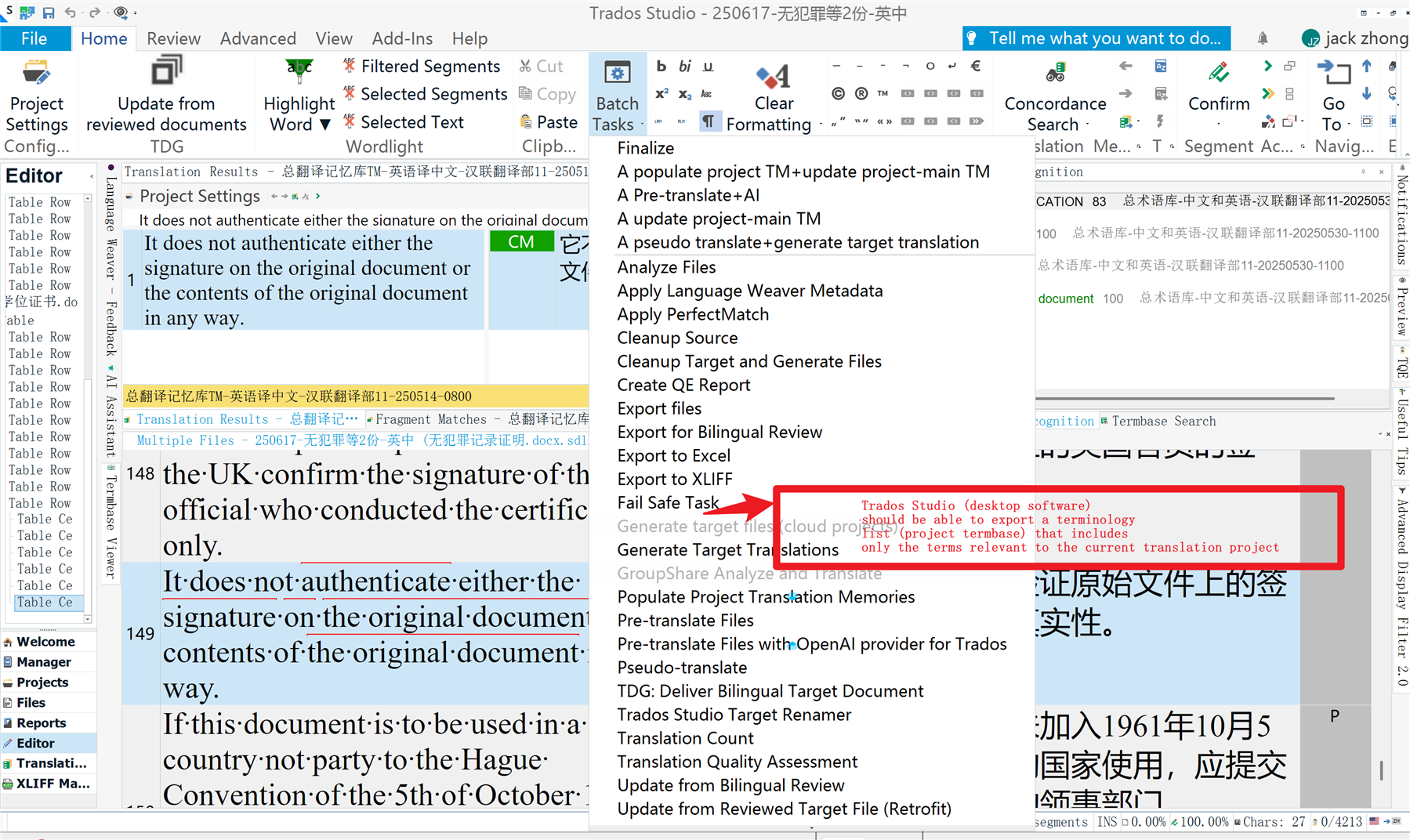 Trados Studio interface with a dropdown menu open, highlighting an option to export a project termbase with only relevant terms for the current translation project.