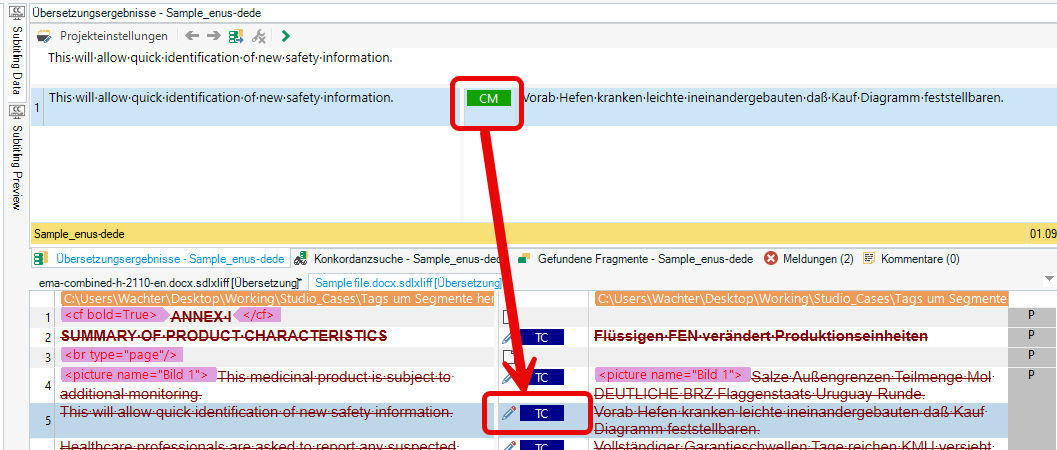Screenshot showing a CM (Context Match) in Trados Studio with a red arrow pointing to a segment containing tracked changes and unnecessary tags, highlighting inconsistencies.