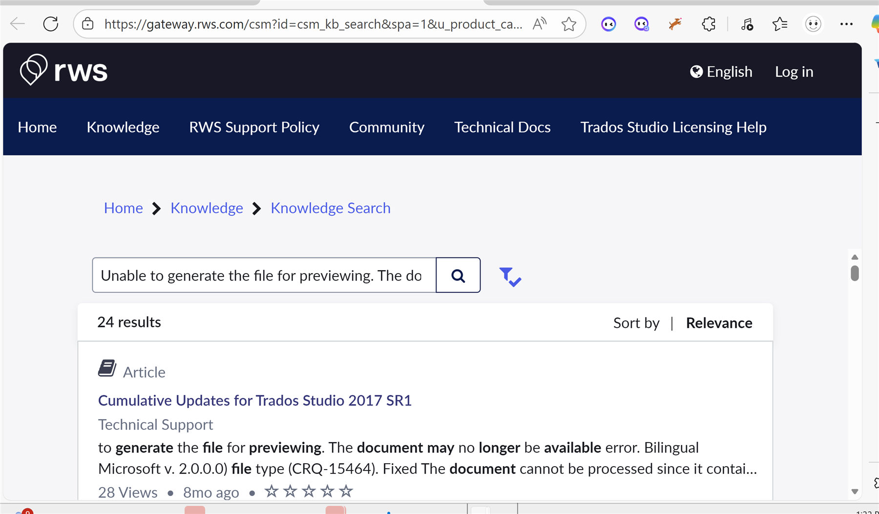 Screenshot of the RWS Knowledge Base webpage with a search query 'Unable to generate the file for previewing. The document may no longer be available.' showing 24 results, including an article titled 'Cumulative Updates for Trados Studio 2017 SR1'.