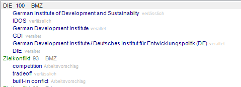 Screenshot showing terminology hits in Trados Studio 2024, with a percentage value of 93 next to 'Zielkonflikt' and a list of related terms and their statuses, such as 'veraltet' and 'verlasslich'.
