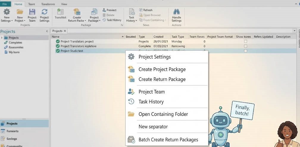 Trados Studio Projects view with a context menu showing options like Project Settings, Create Project Package, and Batch Create Return Packages, with a robot saying 'Finally, batch!'.