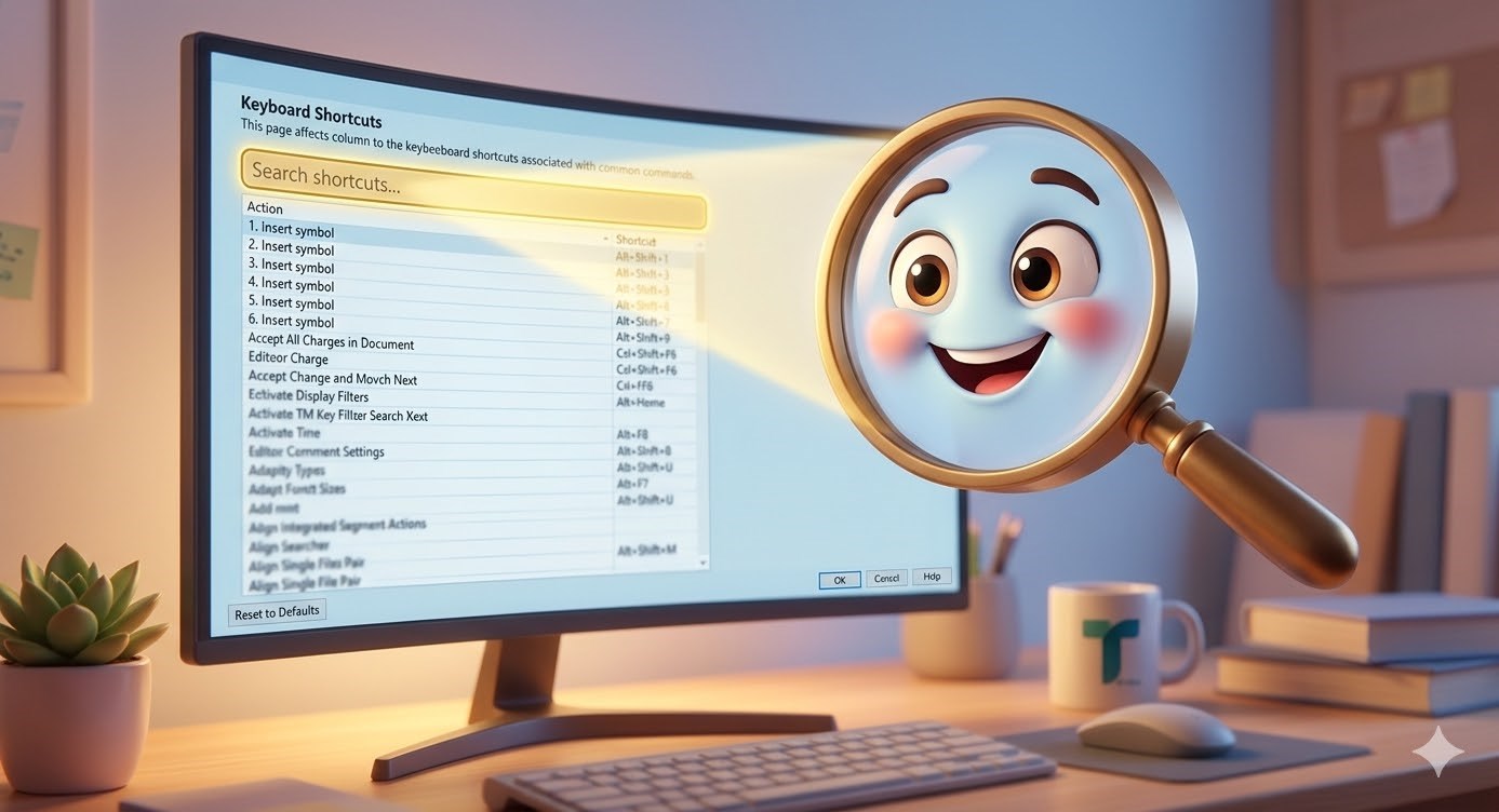 A computer screen displaying the Keyboard Shortcuts panel with a search bar highlighted. A smiling magnifying glass character is shown in the foreground.