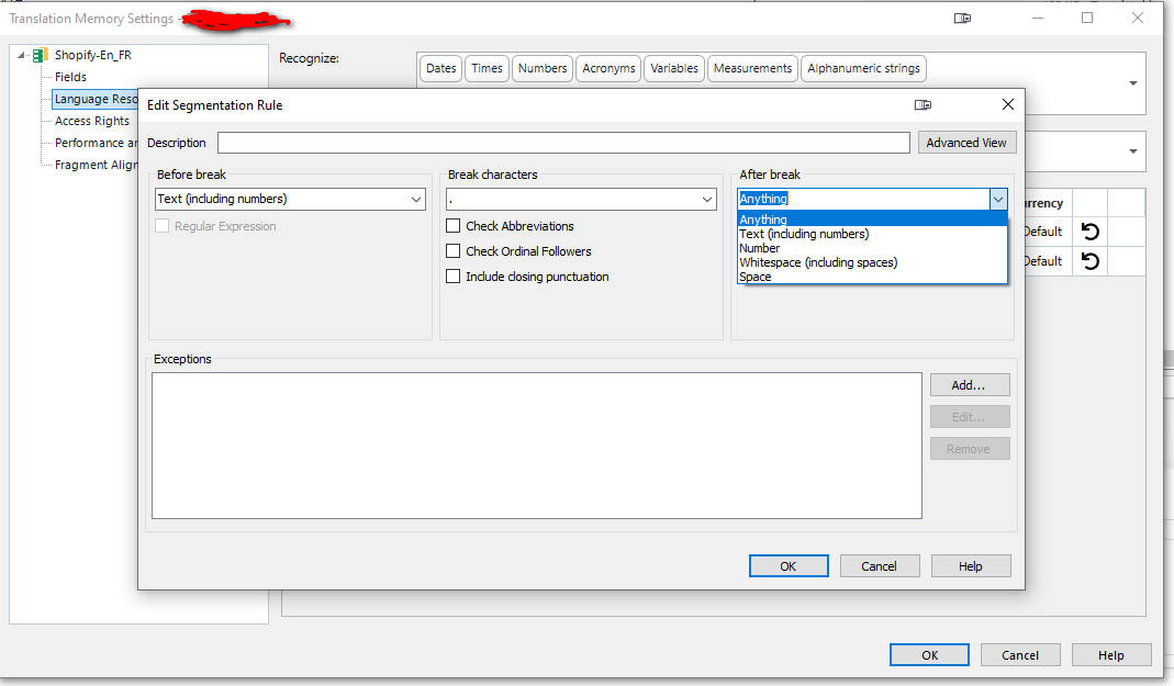 Screenshot of the Trados Translation Memory Settings window showing the Edit Segmentation Rule dialog. The 'After break' dropdown is expanded, displaying options like 'Anything' and 'Text (including numbers)'.