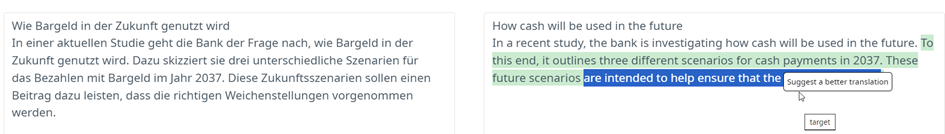 Screenshot showing Language Weaver Edge Ideas interface with original text in German on the left and translated English text on the right. A 'Suggest a better translation' link is visible.