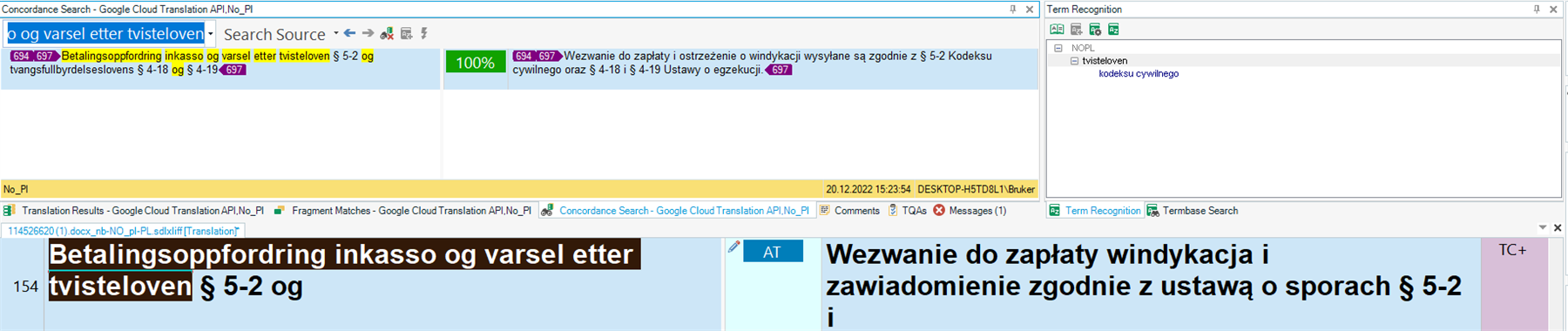 Screenshot of Trados Studio concordance search result displaying a 100% match from the translation memory for the same segment.