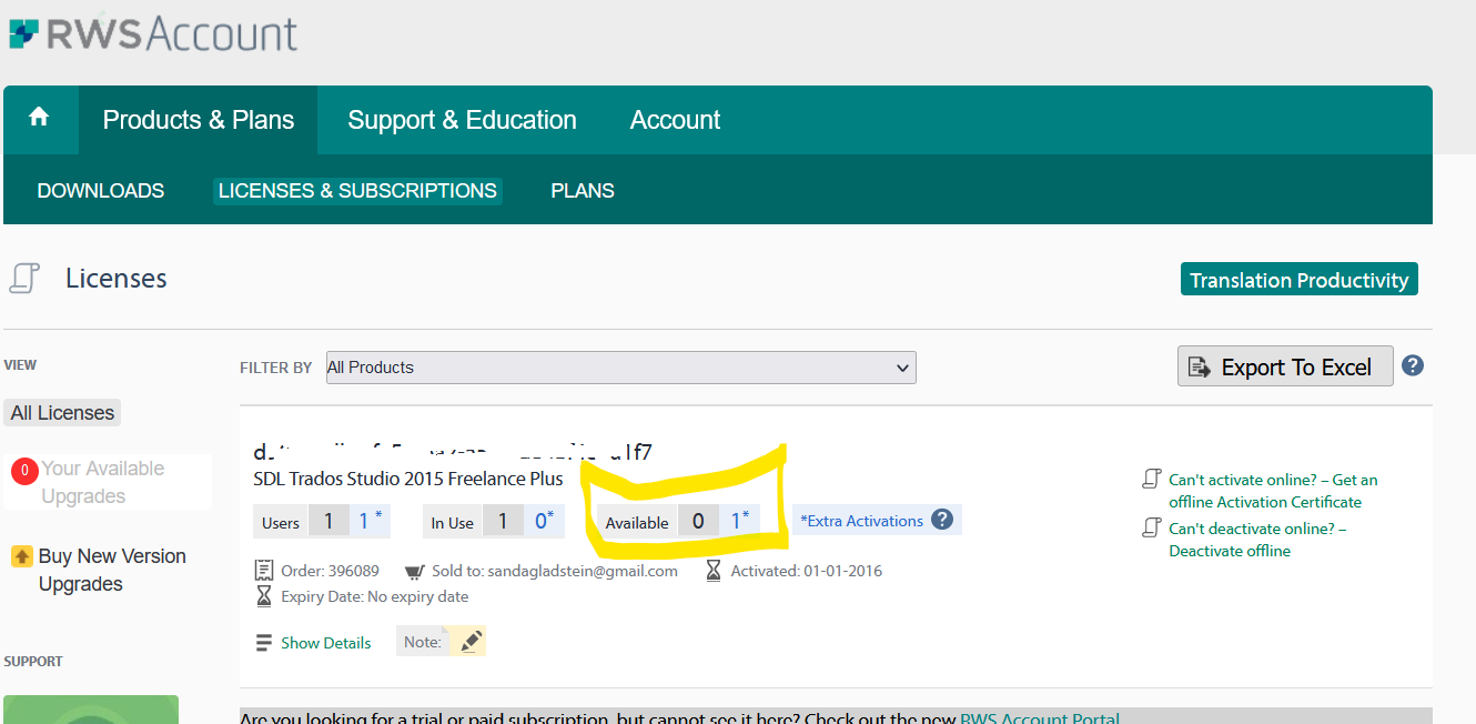 Trados Studio licensing page showing 0 available licenses and 1 in use with a highlighted section indicating no extra activations available.