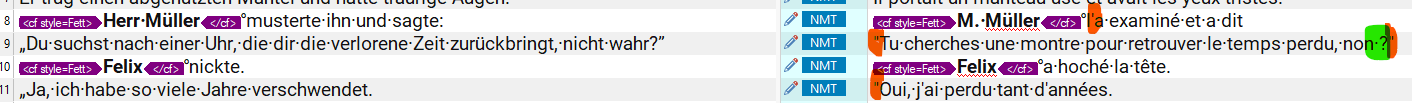 Screenshot of Trados Studio showing unformatted punctuation in the DeepL Pro Plugin translation output, with colons and quotation marks not following French language rules.