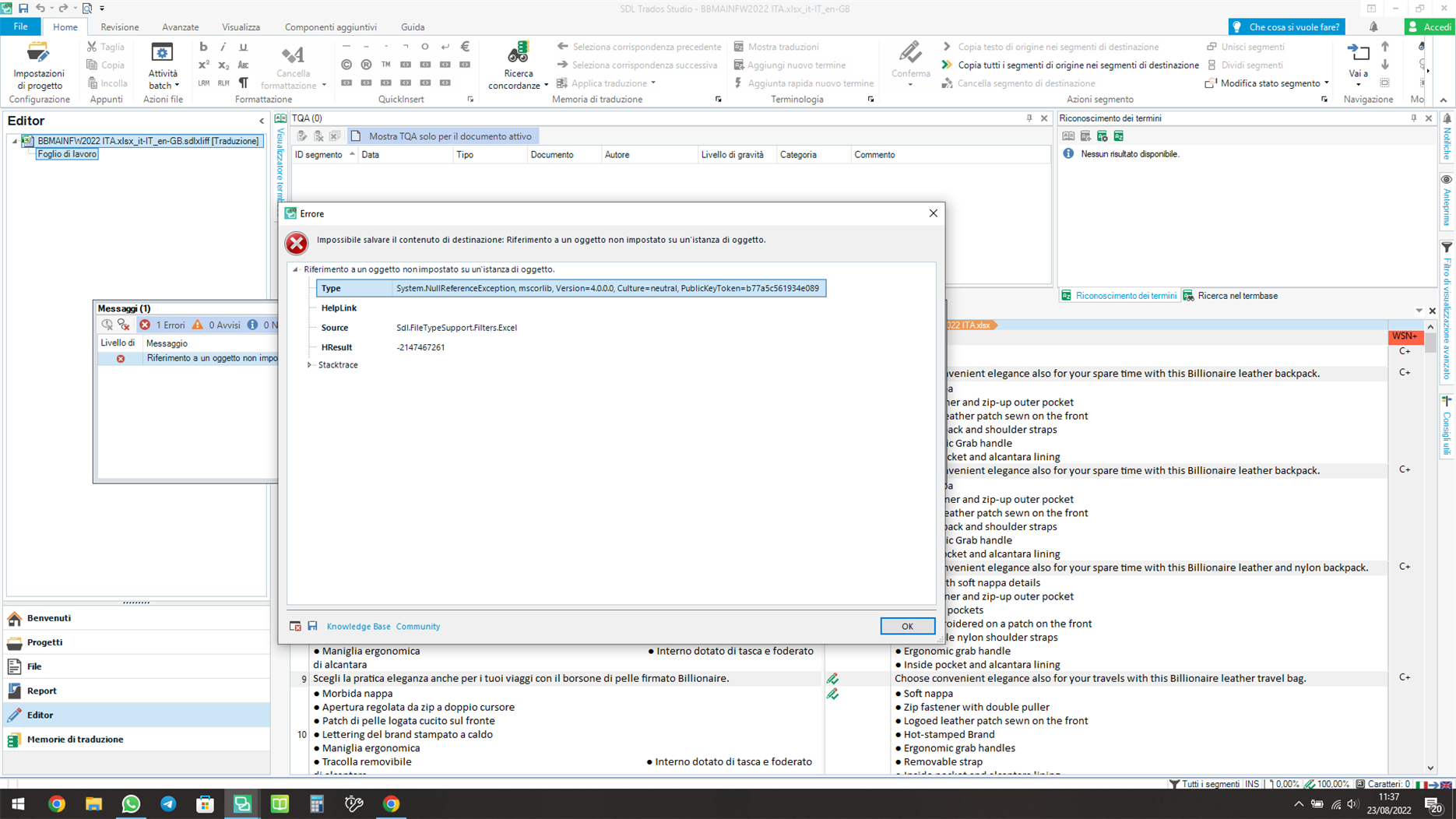 Screenshot of Trados Studio 2019 with an error message window. The error states 'Impossibile salvare il contenuto del destinazione: Riferimento a un oggetto non impostato su un'istanza di oggetto.' Translation memory and term recognition panels are visible.