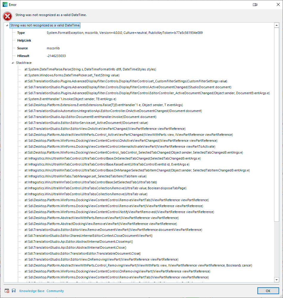 Error dialog box in Trados Studio displaying 'String was not recognized as a valid DateTime.' with a stack trace of system functions listed below.