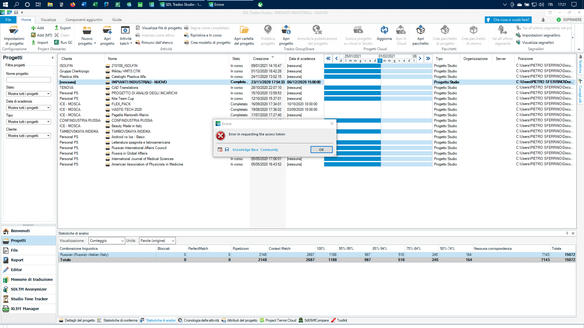 Screenshot of Trados Studio with an error message pop-up saying 'Error in requesting the access token'. The main interface shows various translation projects listed with their status and details.