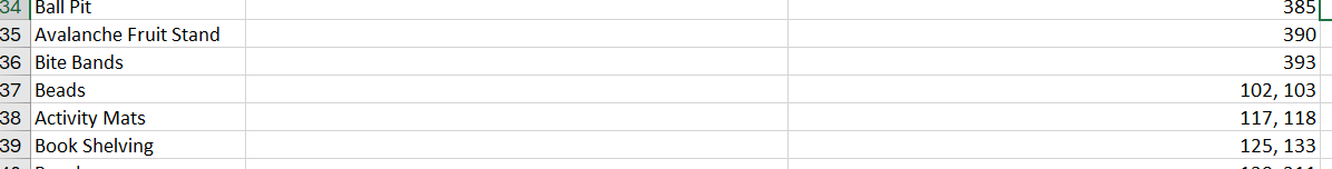 Screenshot of an Excel file with two columns. The left column lists titles and the right lists corresponding page numbers. All page numbers, including single digits, are visible.