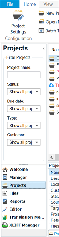 Screenshot of Trados Studio's Projects view with filter options for project name, status, due date, type, and customer. No visible errors or warnings.