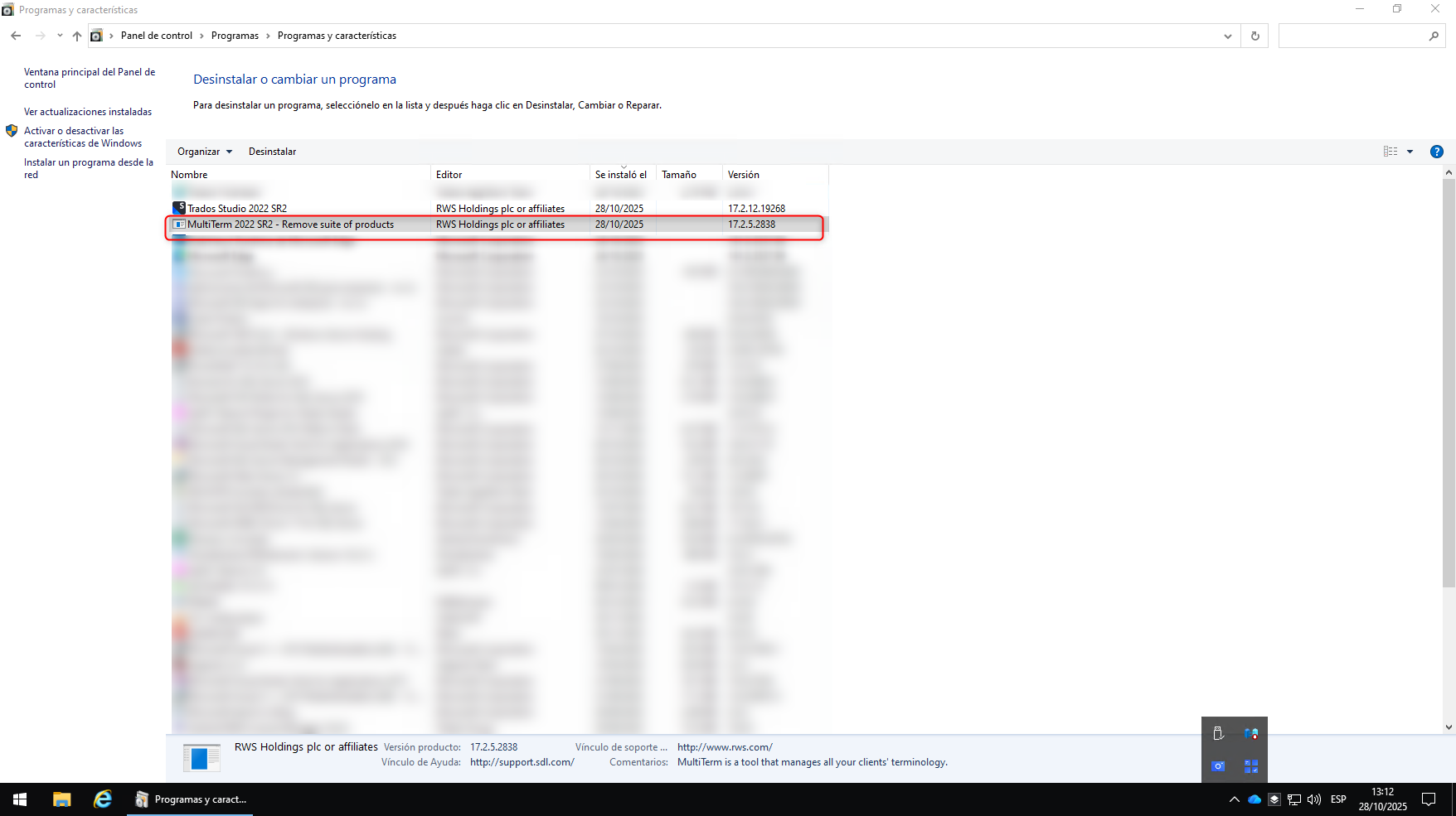 Programs and Features window showing installed programs, including Trados Studio 2022 SR2 and MultiTerm 2022 SR2 - Remove suite of products, with version 17.2.5.2838 highlighted.