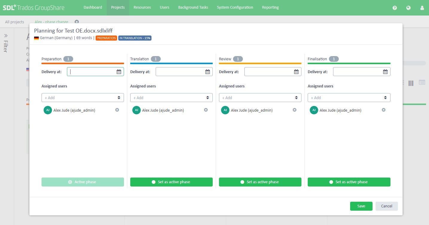 Planning interface for 'Test OE.docx.sdlxliff' in Trados GroupShare, showing preparation, translation, review, and finalisation phases with Alex Jude assigned to all, and an 'Active phase' button highlighted in preparation phase.