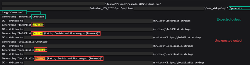 Command line interface showing Passolo commands being executed. The expected output for Croatian language is highlighted in green, while the unexpected Serbian outputs are highlighted in red.