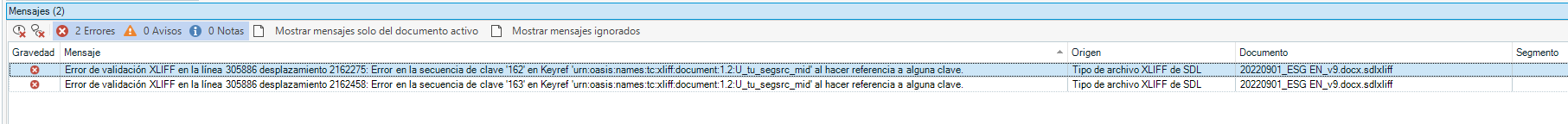 Trados Studio error message window showing 2 errors related to XLIFF validation on line 305886 with issues in key reference sequence.