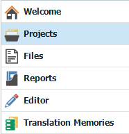 Screenshot of Trados Studio interface showing the navigation pane with icons for Welcome, Projects, Files, Reports, Editor, and Translation Memories.