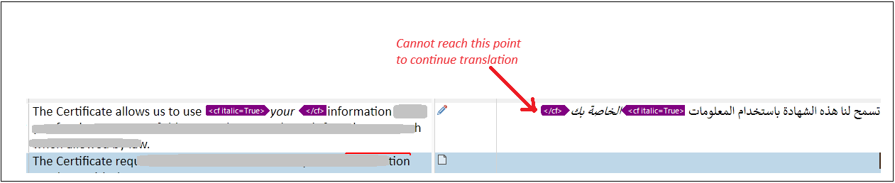 Screenshot of Trados Studio interface showing a translation segment with an English source and Arabic target. The cursor is incorrectly positioned before a tag, with an error message indicating the cursor cannot move past the closing tag to continue translation.