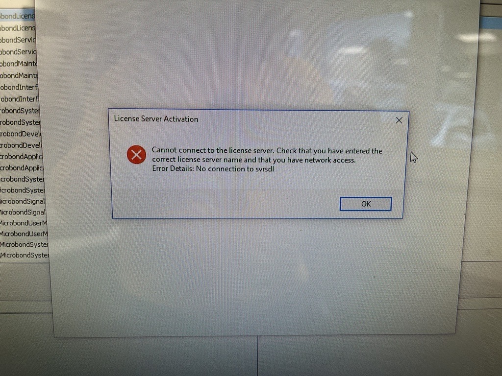 Error dialog box titled 'License Server Activation' with a message 'Cannot connect to the license server. Check that you have entered the correct license server name and that you have network access. Error Details: No connection to srvsld' with an 'OK' button.