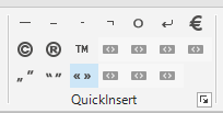 Screenshot of Trados Studio's QuickInsert feature showing various punctuation marks and symbols including quotation marks and brackets.
