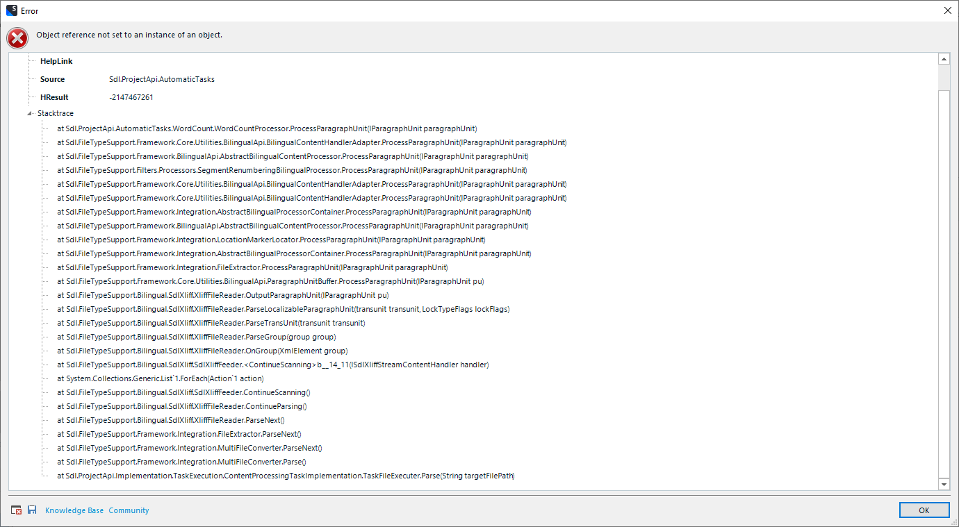 Error dialog box with a message 'Object reference not set to an instance of an object.' and a stack trace of the error in the background.