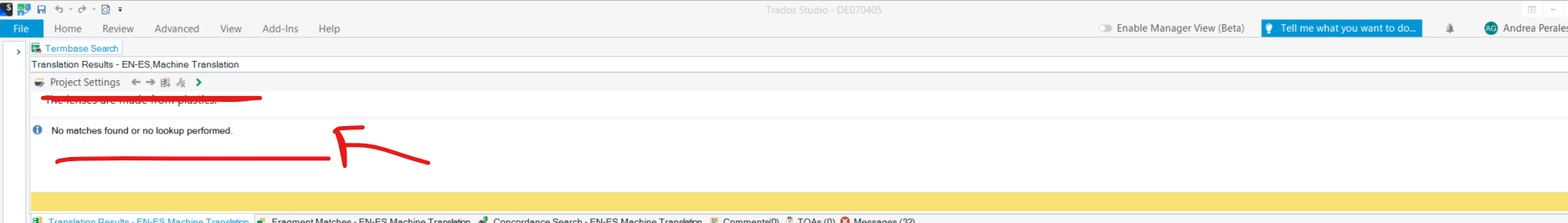 Screenshot of Trados Studio showing 'No matches found or no lookup performed' error in the TermBase Search tab with red arrows pointing to the error message and project settings.