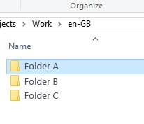 Screenshot showing Trados project sub-folders named Folder A, Folder B, and Folder C within the en-GB directory.