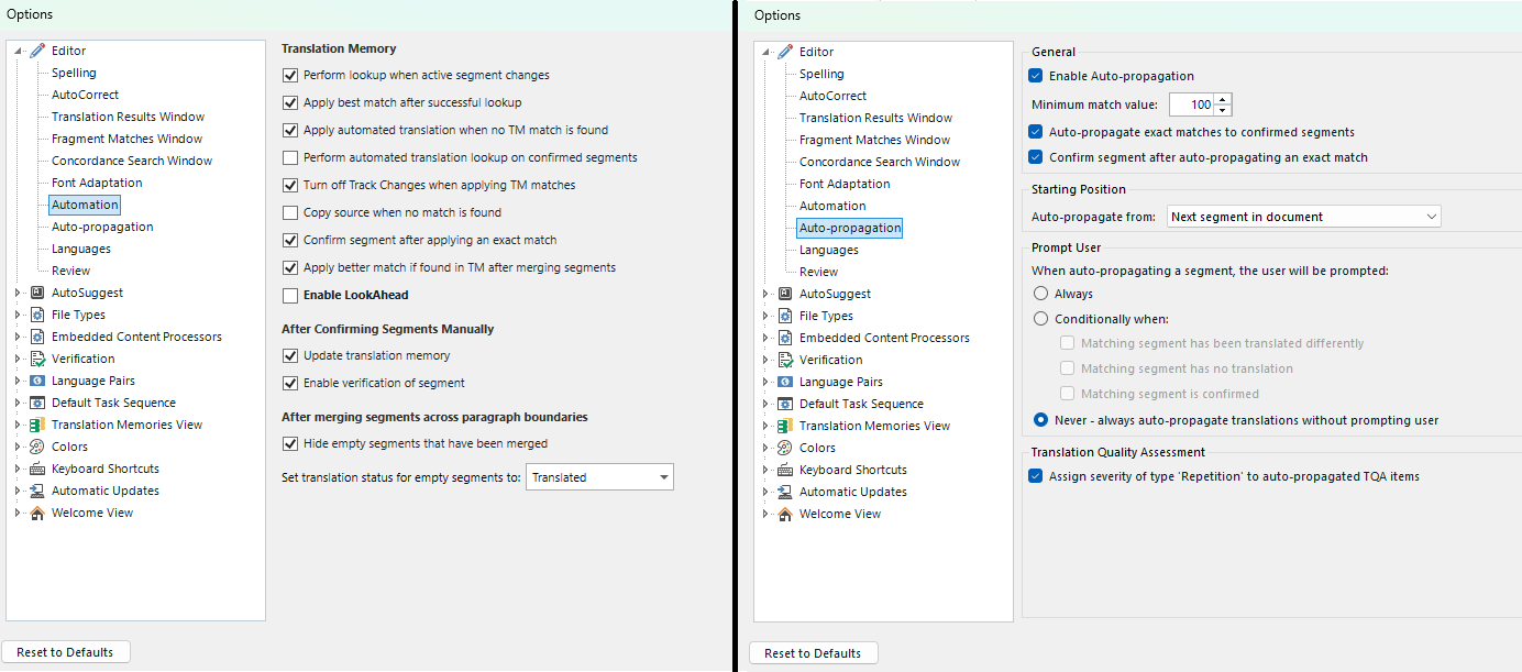 Screenshot of Trados Studio options menu showing Editor settings with checkboxes for Translation Memory and Automation features.