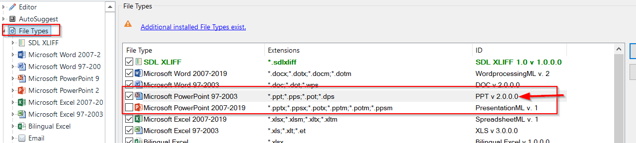 Trados Studio File Types options showing PowerPoint file types with PPT v. 2.0.0.0 highlighted and an arrow pointing to it.