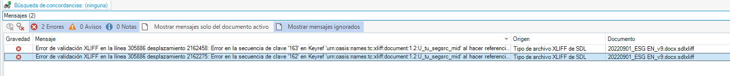 Trados Studio message window showing 2 errors related to XLIFF validation on line 305886 with key sequence '163' and '162' in a Word document.