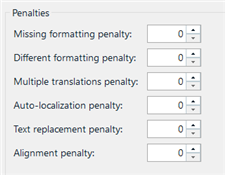 Trados Studio Penalties settings with numerical input fields for Missing formatting, Different formatting, Multiple translations, Auto-localization, Text replacement, and Alignment penalties, all set to zero.