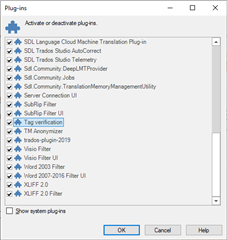 Trados Studio Plug-ins window showing a list of installed plugins including SDL Language Cloud Machine Translation Plugin, SDL Trados Studio AutoCorrect, and MTEnhanced Plugin.