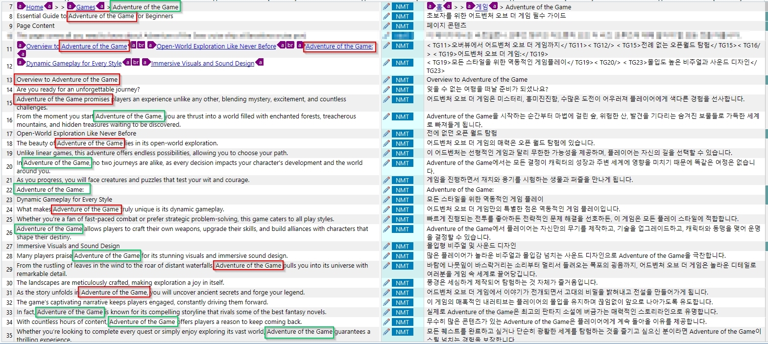 Screenshot of RWS AppStore Applications interface with text highlighted. Some instances of 'Adventure of the Game' are correctly not translated, marked with red rectangles, while others are incorrectly translated, marked with green rectangles. The right side shows a column with 'NMT' labels next to each text segment.