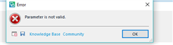 Error dialog box in Trados Studio with a red cross icon, displaying the message 'Parameter is not valid' with an 'OK' button and a 'Knowledge Base Community' link.