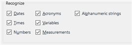 Trados Studio TM settings with checkboxes for recognizing Dates, Times, Numbers, Acronyms, Alphanumeric strings, Variables, and Measurements.