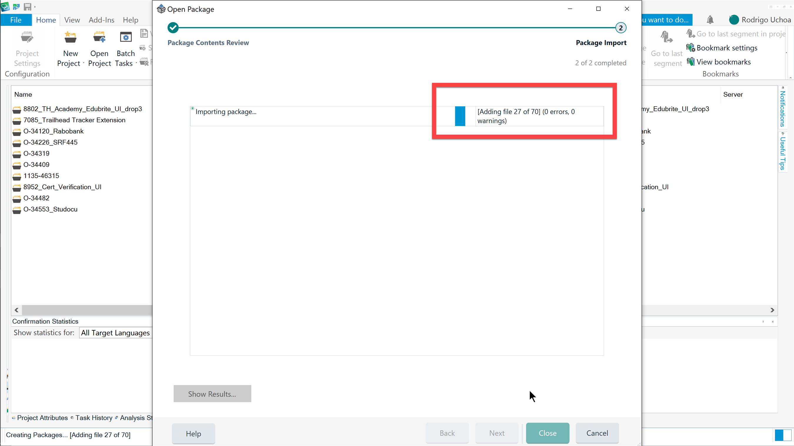 Trados Studio importing package progress window indicating 'Adding file 27 of 70' with no errors or warnings.