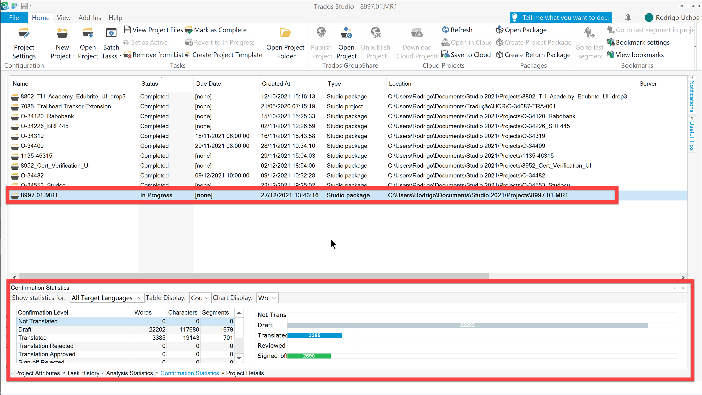 Trados Studio project list with '8997.01.MR1' project highlighted as 'In Progress' and a detailed statistics table below.