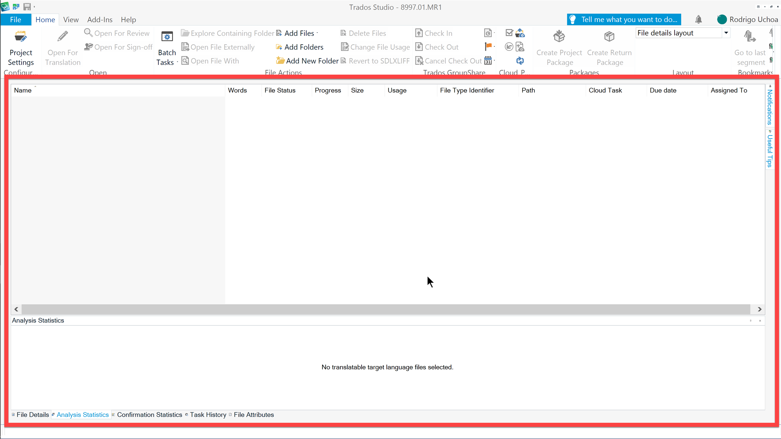 Trados Studio project view with an empty file list and a message stating 'No translatable target language files selected.'