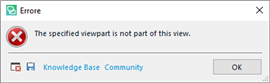 Error dialog box with a red cross icon stating 'The specified viewport is not part of this view.' with Knowledge Base and Community buttons and an OK button.