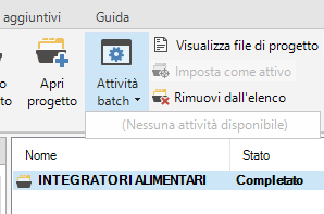 Trados Studio screenshot showing the batch activities menu with a red cross icon and text 'Remove from list' indicating no available batch activities.