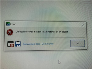 Repeated error message 'Object reference not set to an instance of an object.' with options to access Knowledge Base or Community.