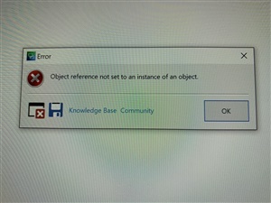 Error message reading 'Object reference not set to an instance of an object.' with options to access Knowledge Base or Community.