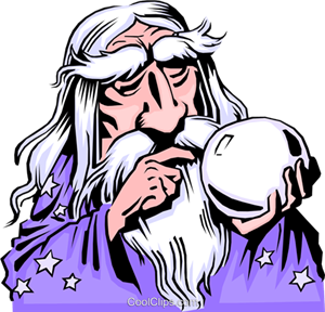 Illustration of a wizard in purple robes holding a crystal ball.