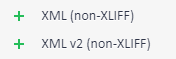 Screenshot showing two file type options in Trados Studio: XML (non-XLIFF) and XML v2 (non-XLIFF).